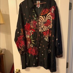 Johnny Was Black Top with Red and Cream Floral Design